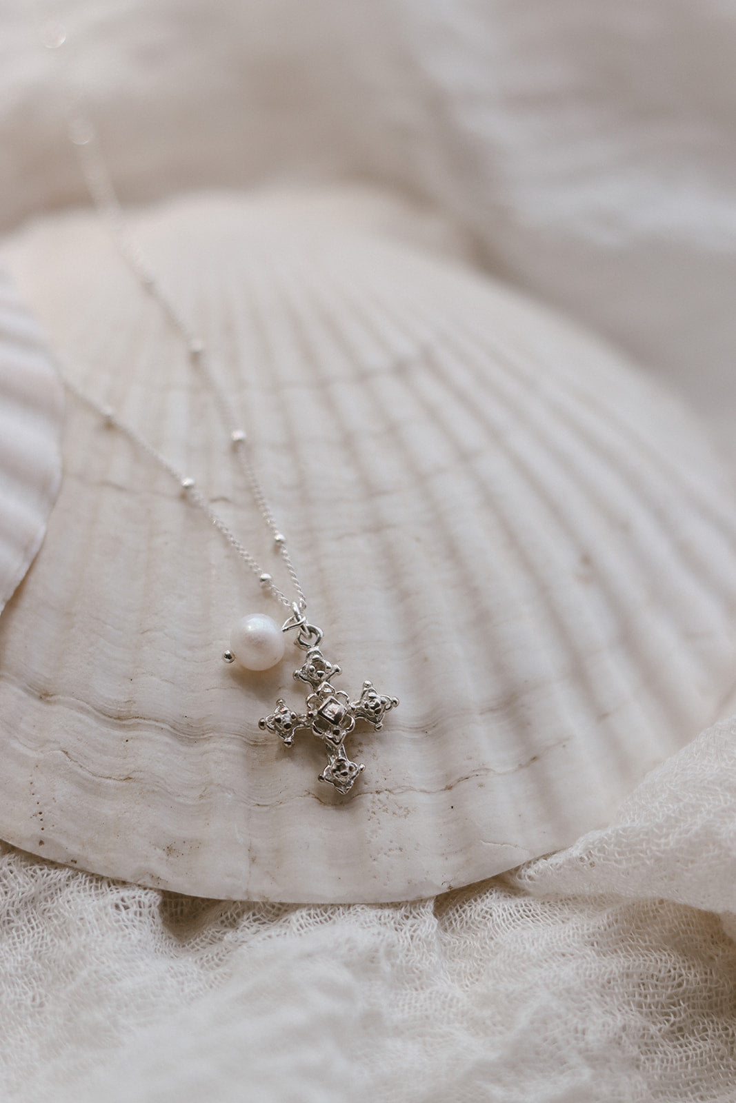 Coptic Cross & Pearl Necklace in Silver