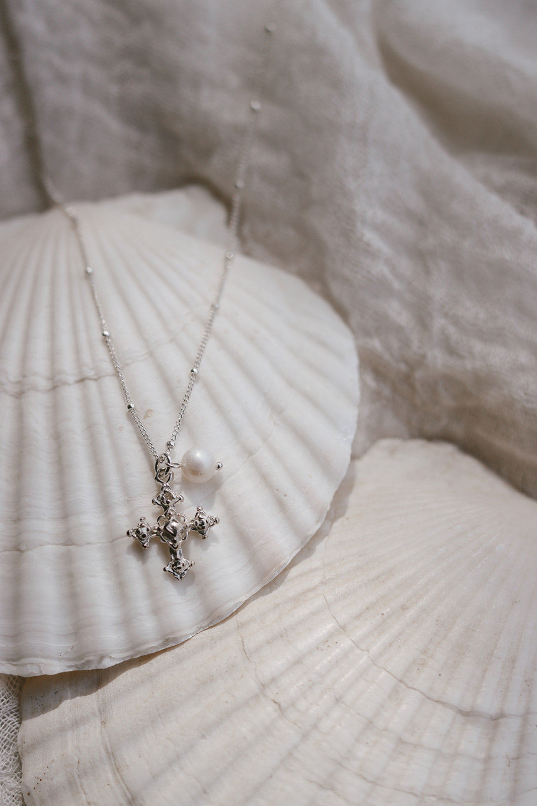 Coptic Cross & Pearl Necklace in Silver