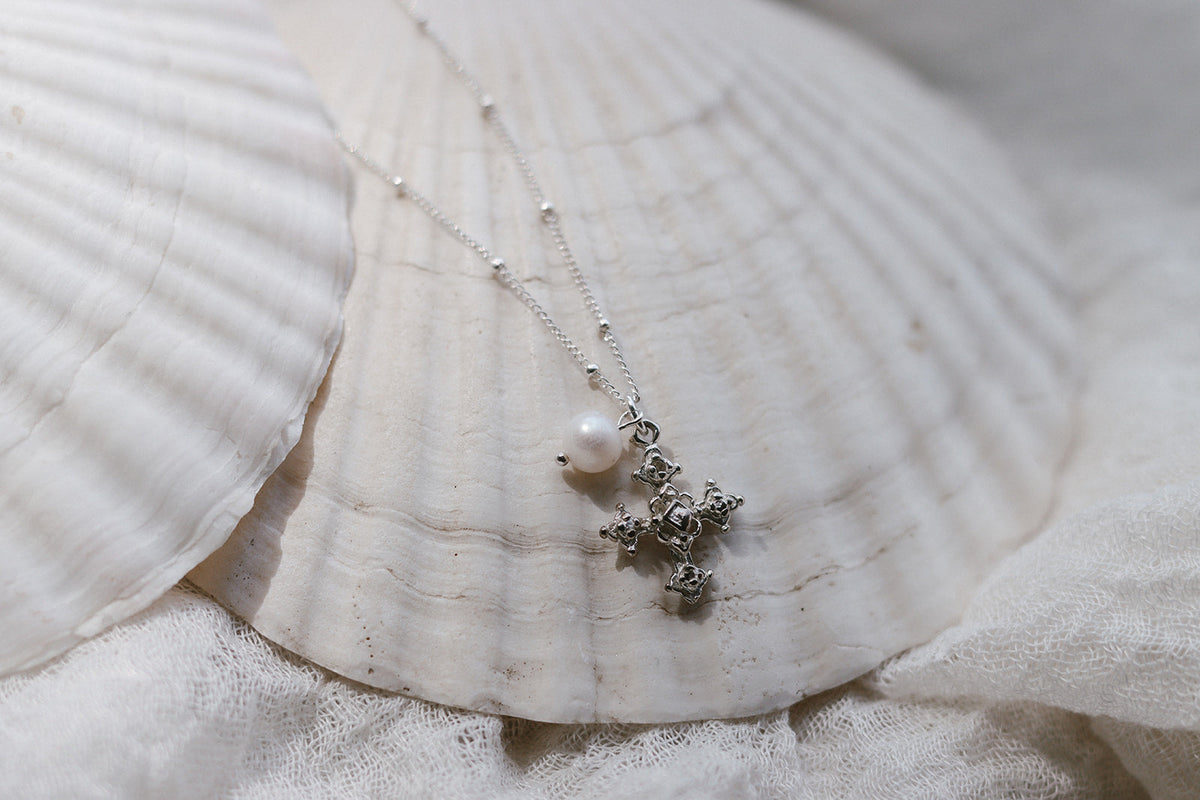 Coptic Cross & Pearl Necklace in Silver