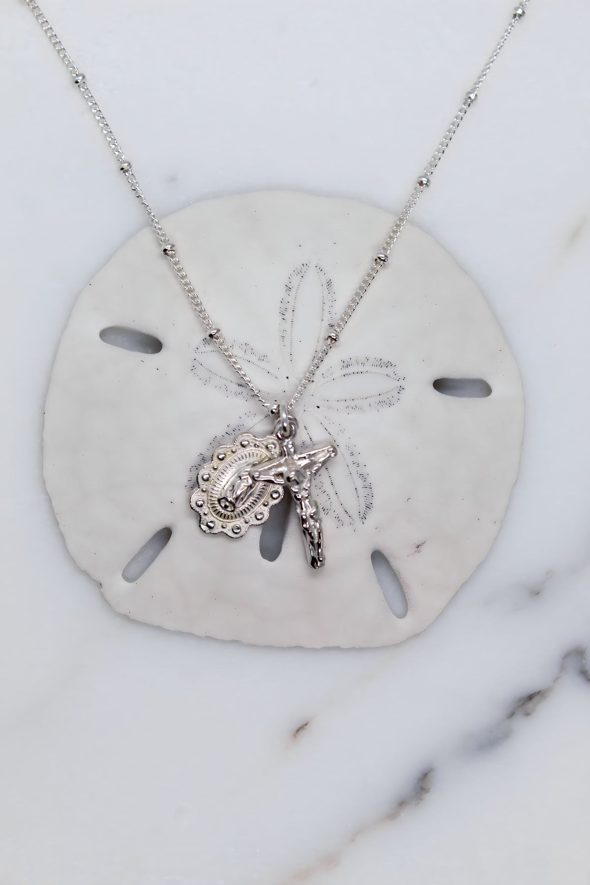 Our Lady of Guadalupe Scalloped and Crucifix in Silver