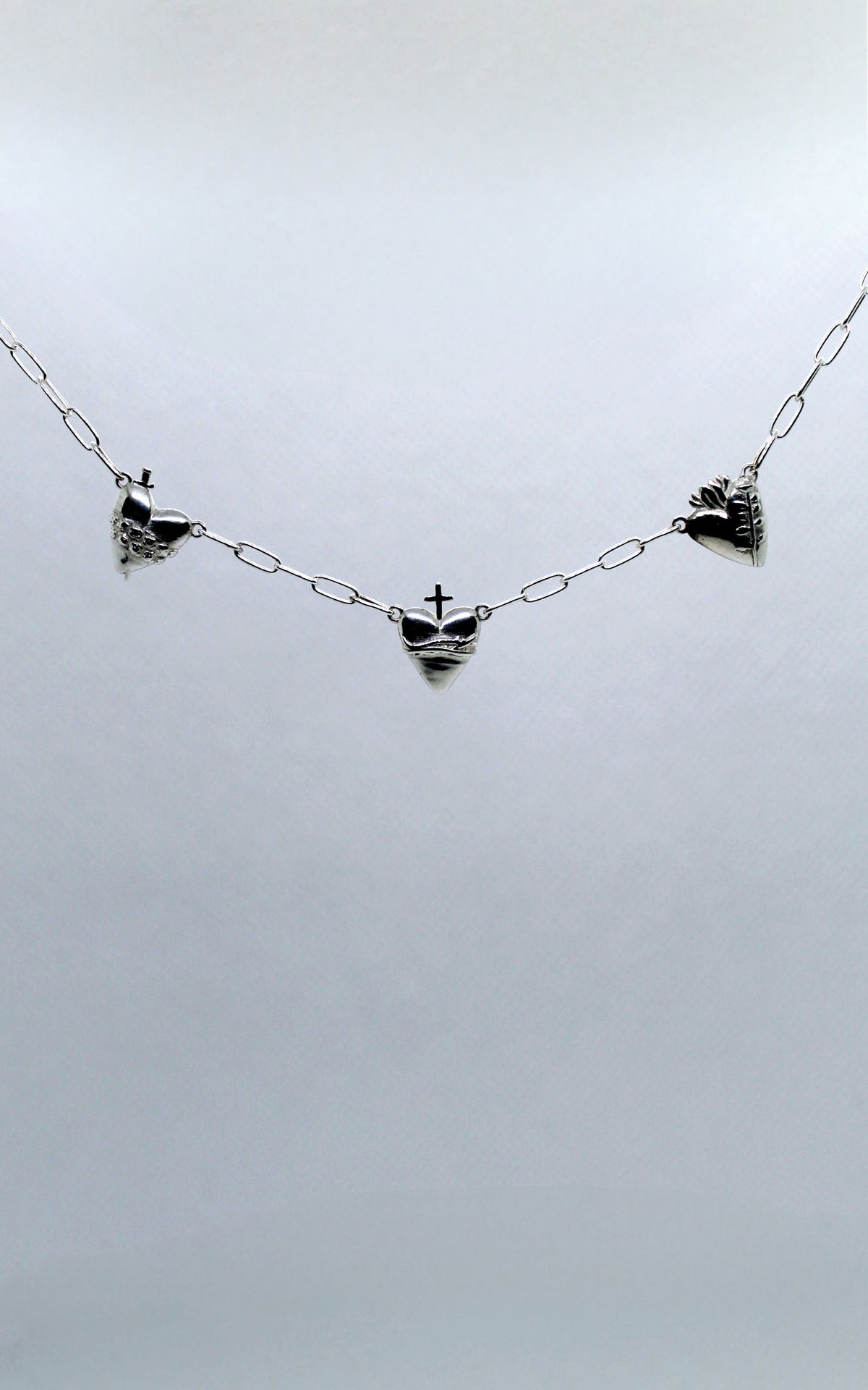 Three Hearts Silver Necklace Paperclip