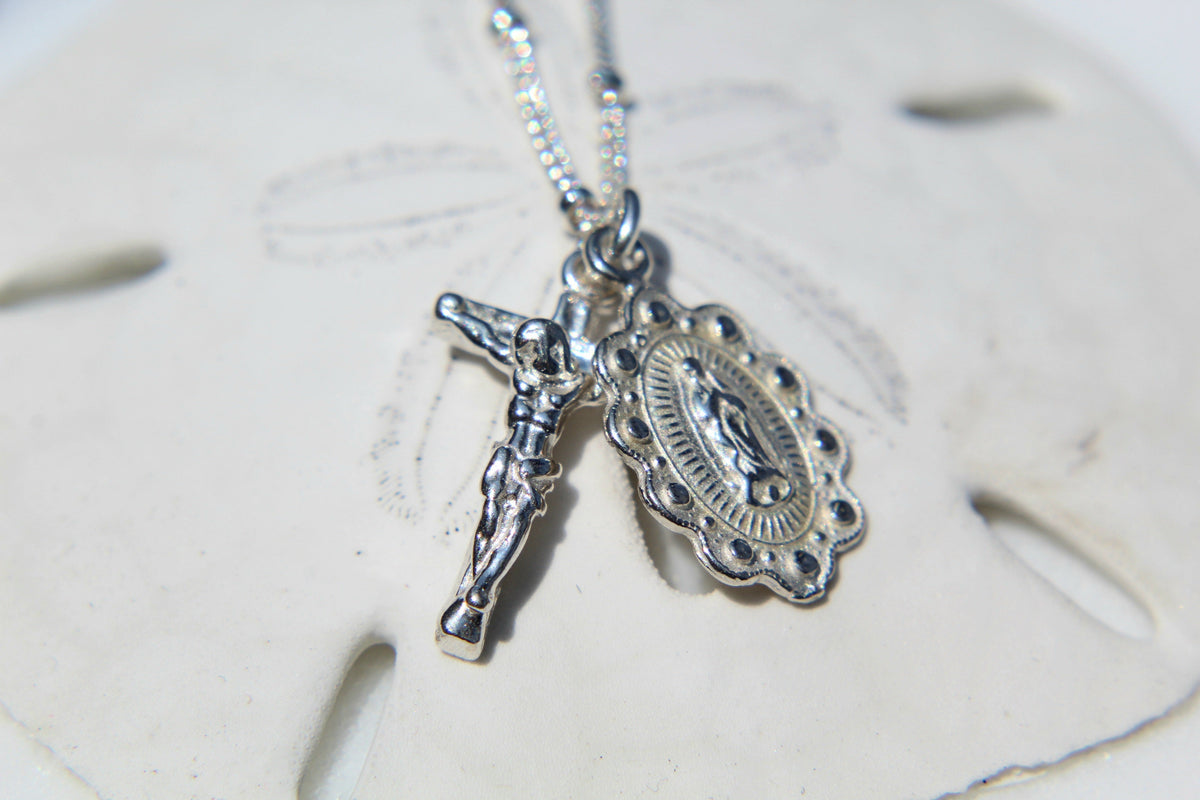 Our Lady of Guadalupe Scalloped and Crucifix in Silver