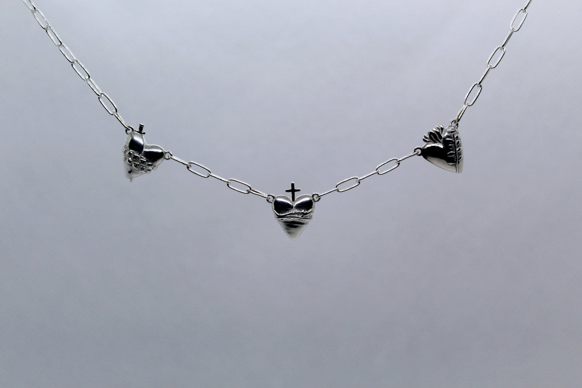 Three Hearts Silver Necklace Paperclip