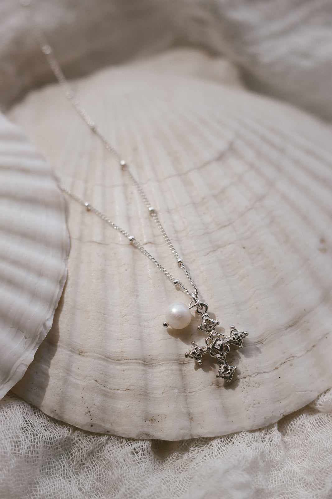 Coptic Cross & Pearl Necklace in Silver