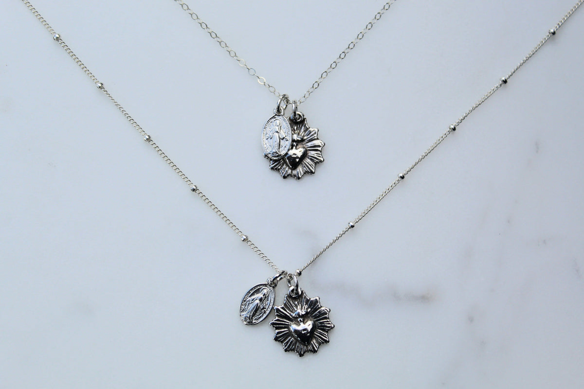 Most Sacred Heart and Miraculous Medal Necklace in Silver