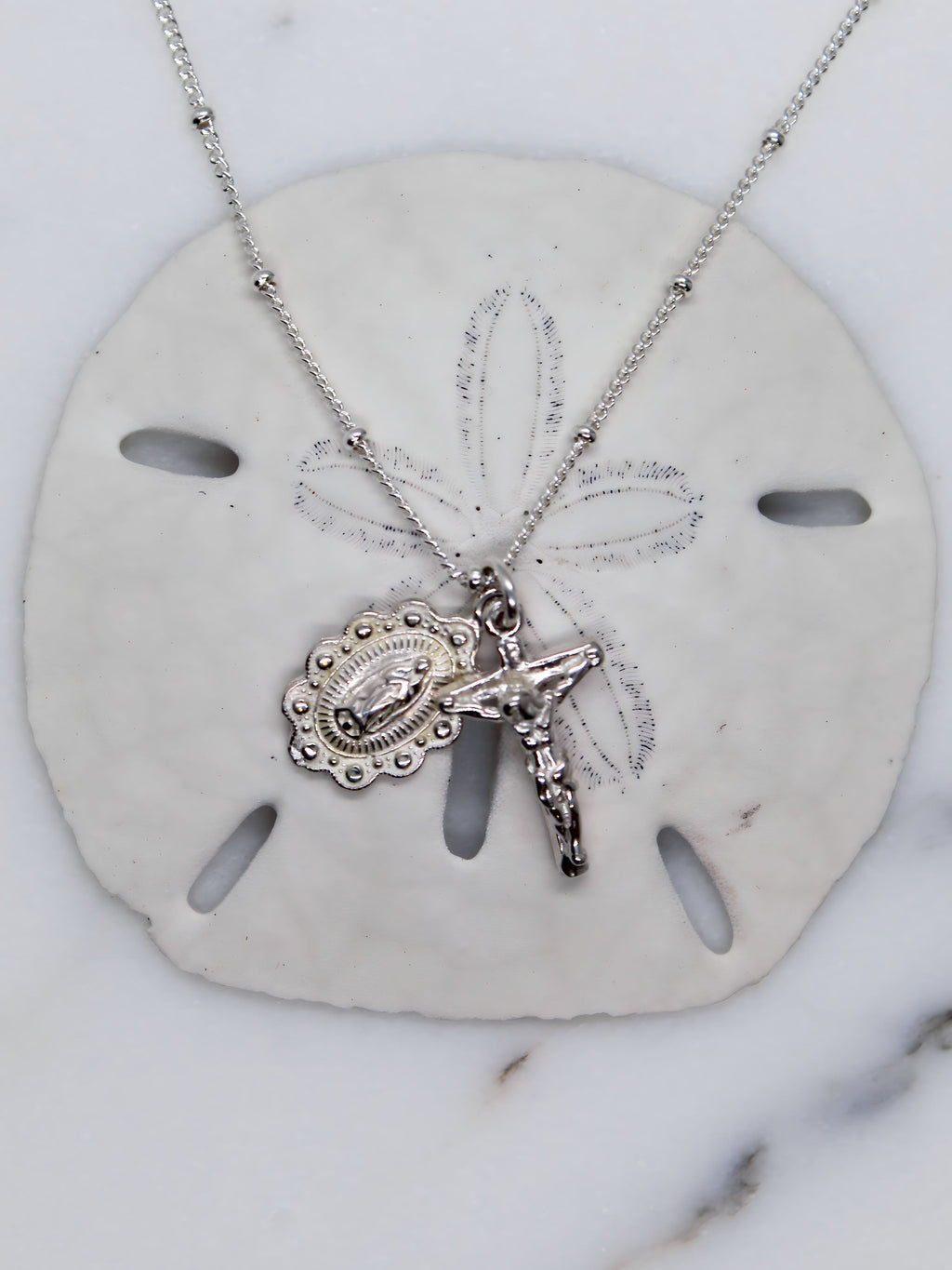 Our Lady of Guadalupe Scalloped and Crucifix in Silver