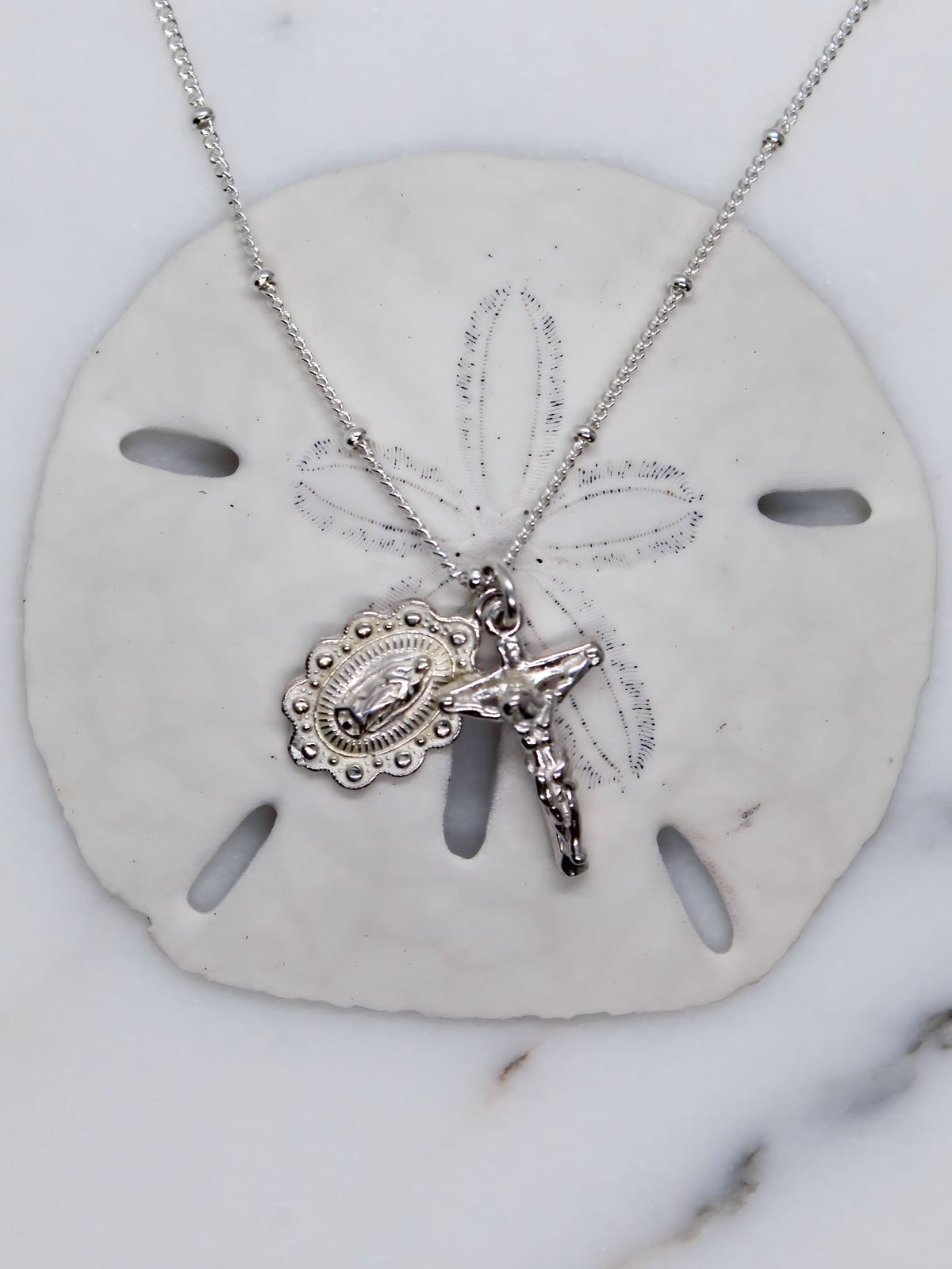 Our Lady of Guadalupe Scalloped and Crucifix in Silver