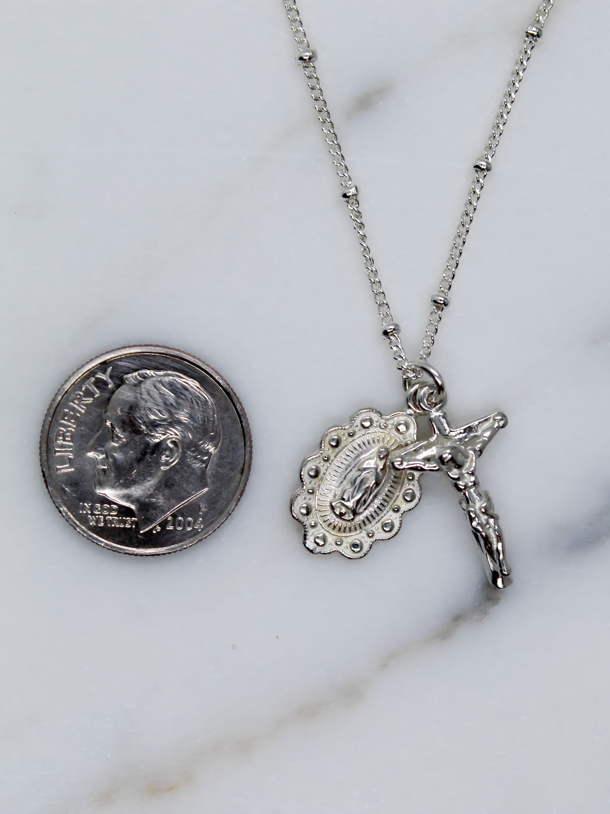 Our Lady of Guadalupe Scalloped and Crucifix in Silver