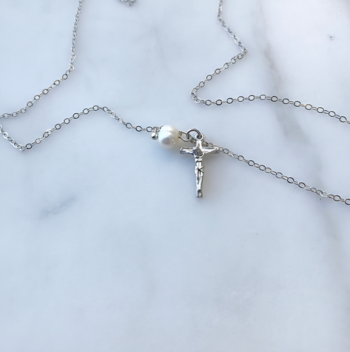 Crucifix & Pearl Necklace in Sterling Silver