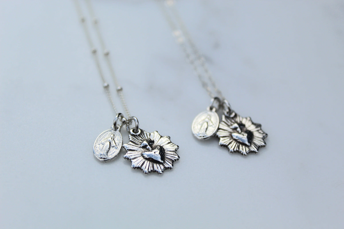 Most Sacred Heart and Miraculous Medal Necklace in Silver
