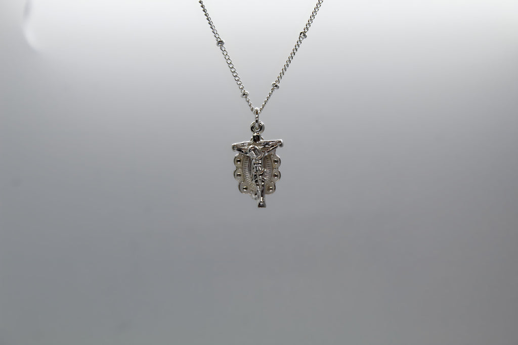 Our Lady of Guadalupe Scalloped and Crucifix in Silver