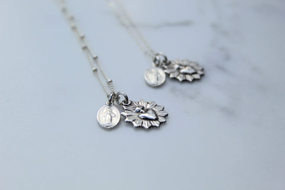 Most Sacred Heart and Miraculous Medal Necklace in Silver