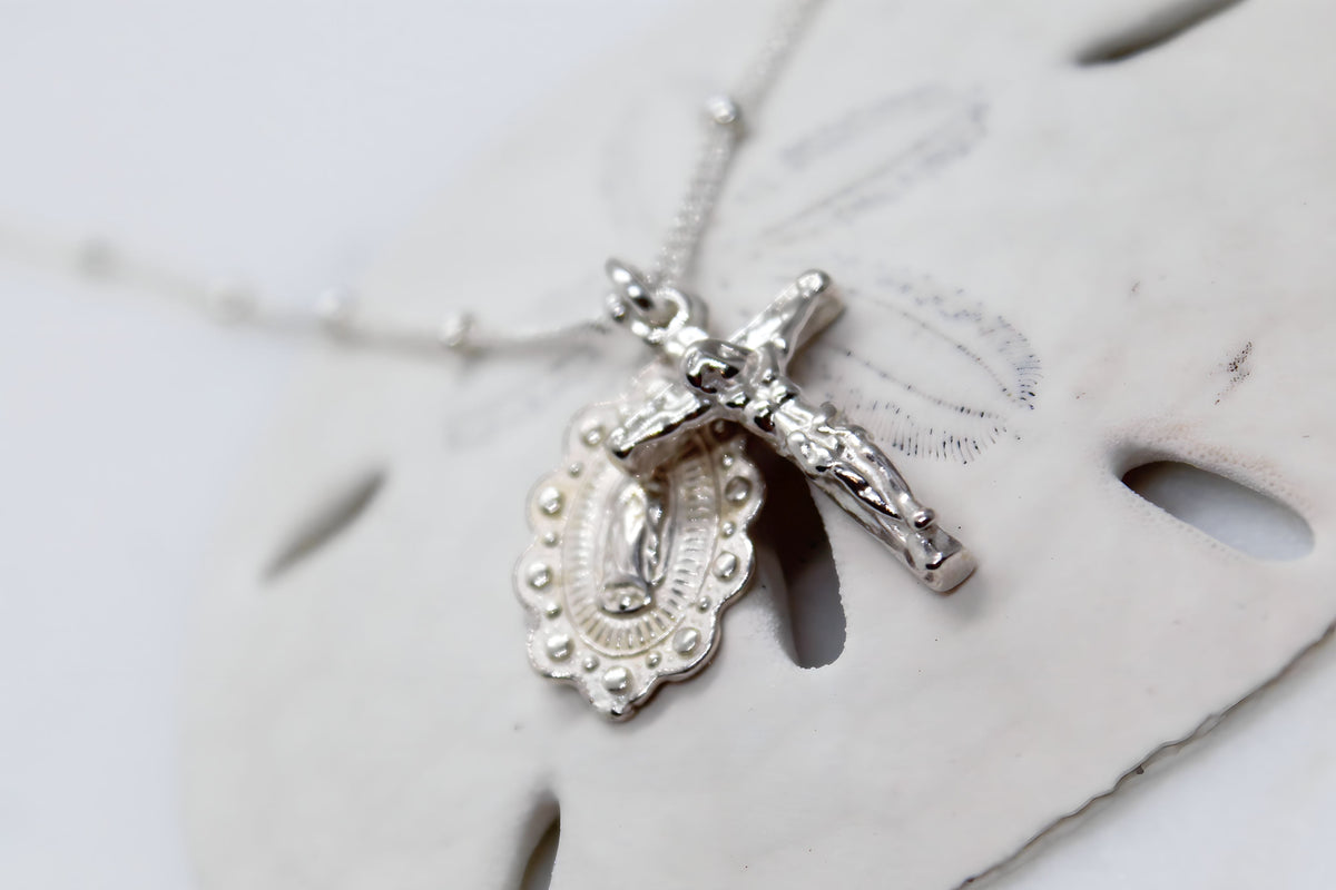 Our Lady of Guadalupe Scalloped and Crucifix in Silver