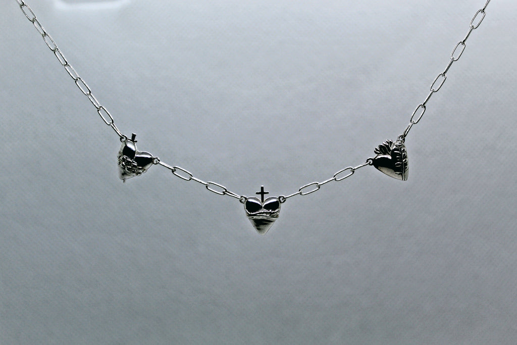 Three Hearts Silver Necklace Paperclip