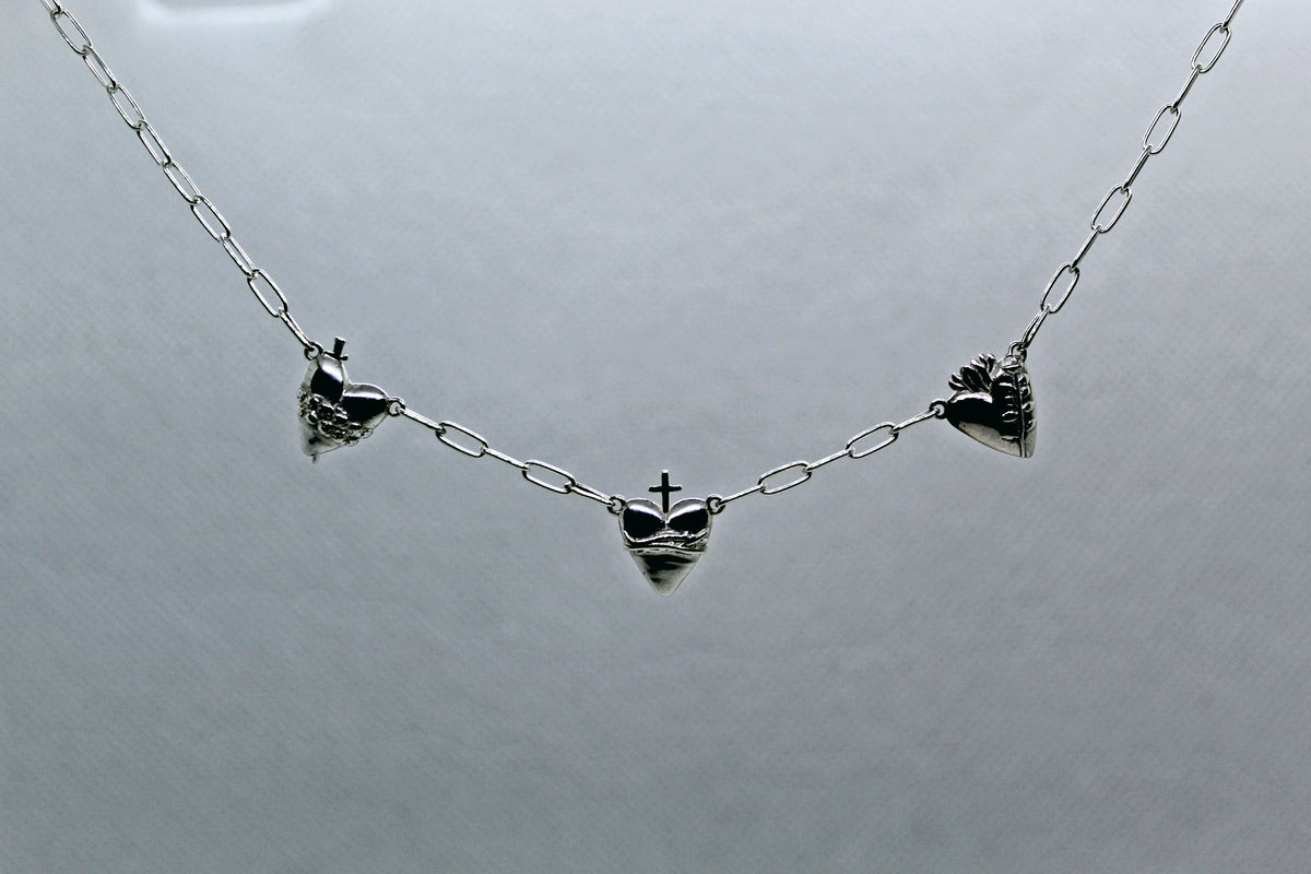 Three Hearts Silver Necklace Paperclip